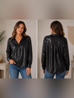 Anthropologie Black Shiny Button-Down Blouse